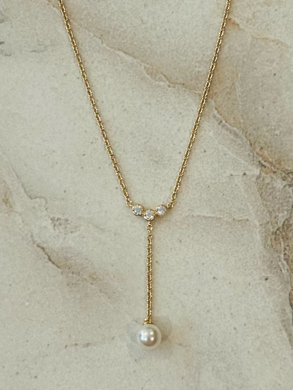 NWT AJOA Gold Toned Faux Pearl Y Drop Necklace